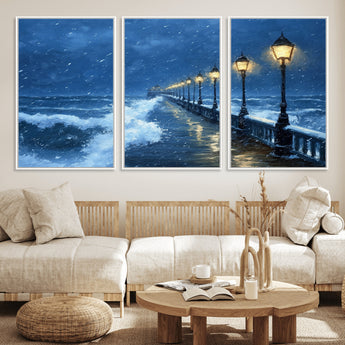 32668-MGV-FC-60X30-3P_White-Stormy Pier Wall Art – Ocean Waves and Street Lamps Canvas Print, Rainy Night Seascape Oil Painting Poster for Living Room,