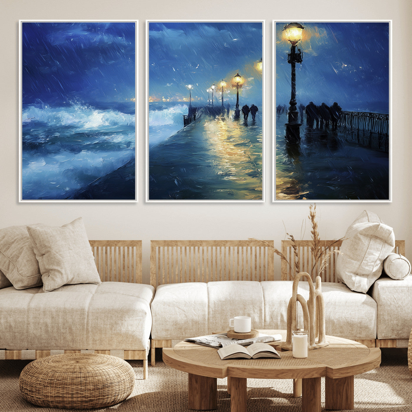 76572-MGV-FC-60X30-3P_White-Stormy Night Pier Wall Art – Ocean Waves and Street Lamps Canvas Print, Rainy Seascape Oil Painting Poster for Living Room,