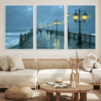 79606-MGV-FC-60X30-3P_White-Rainy Pier Night Wall Art – Ocean Waves and Street Lamps Canvas Print, Moody Seascape Oil Painting Poster for Living Room,