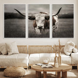 69238-MGV-FC-60X30-3P_White-Longhorn Bull Wall Art – Rustic Black and White Texas Cattle Canvas Print, Western Farmhouse Animal Photography for Living Room,