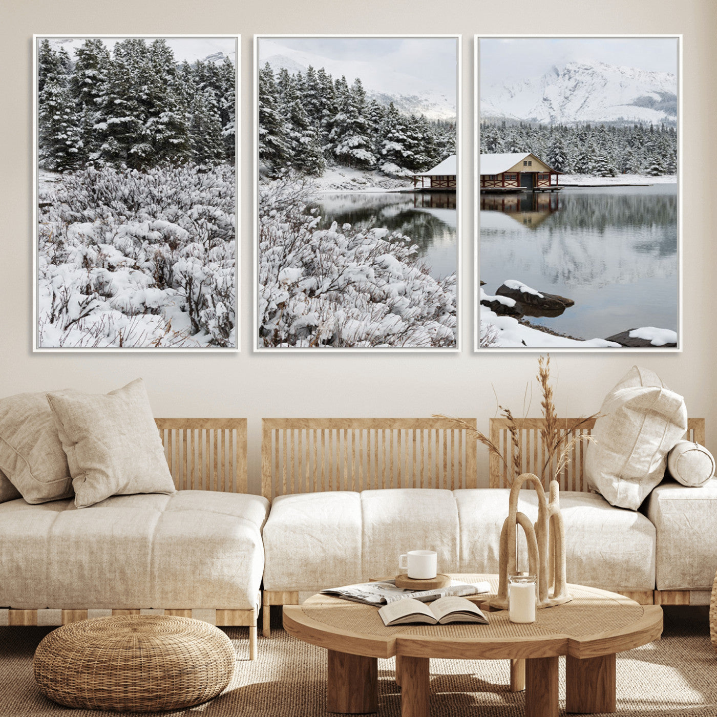 94285-MGV-CV-36X24-Snowy Cabin Wall Art Canvas Print, Framed Winter Cabin Art Picture Print, Mountain Lake Perfect Snowy Nature Decor Artwork