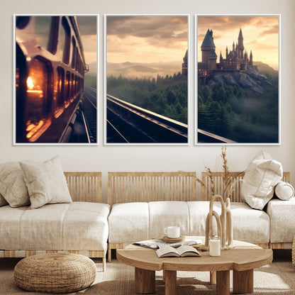 84029-MGV-CV-36X24-Fantasy Castle Wall Art – Magical Train Sunset Forest Canvas Print, Enchanted Landscape Painting Poster for Living Room, Bedroom,
