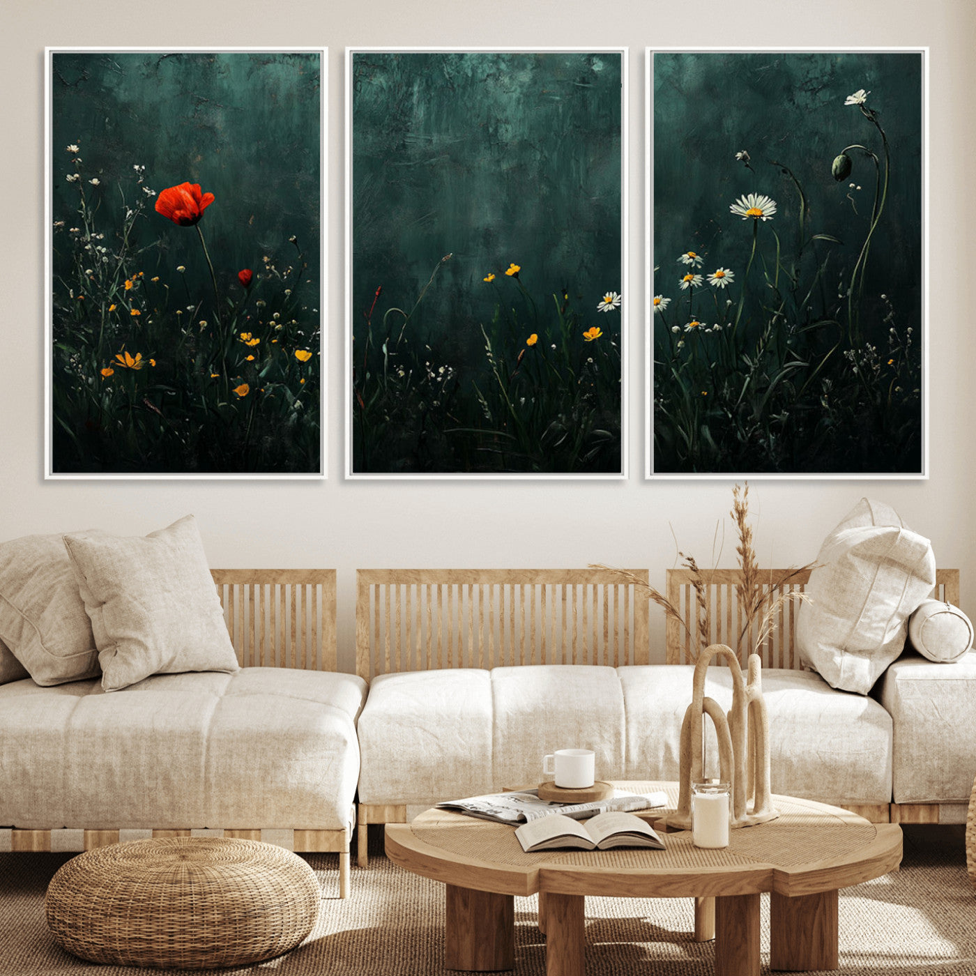26218-MGV-CV-36X24-Wildflower Wall Art – Dark Botanical Floral Canvas Print, Modern Nature Painting Poster with Daisy Poppy Yellow Flowers for Living