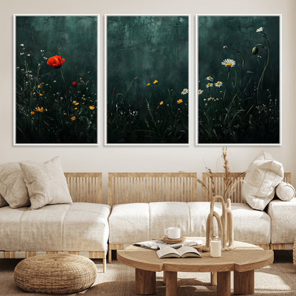 26218-MGV-CV-36X24-Wildflower Wall Art – Dark Botanical Floral Canvas Print, Modern Nature Painting Poster with Daisy Poppy Yellow Flowers for Living
