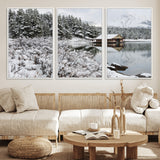 29975-MGV-FC-60X30-3P_White-Winter Cabin by the Lake Wall Art – Snowy Mountain Landscape Canvas Print, Rustic Lodge Cabin Decor for Cozy Living Room, Bedroom