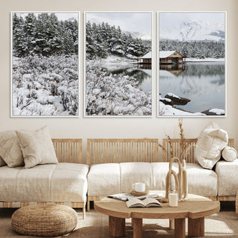 29975-MGV-FC-60X30-3P_White-Winter Cabin by the Lake Wall Art – Snowy Mountain Landscape Canvas Print, Rustic Lodge Cabin Decor for Cozy Living Room, Bedroom