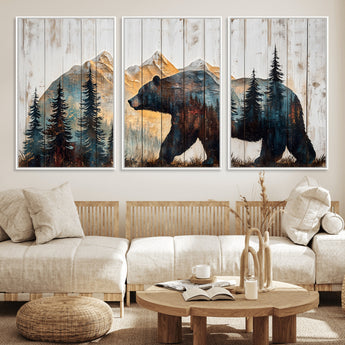 90077-MGV-CV-36X24-Wood Grizzly Bear Wall Art Canvas Print, Framed Abstract Bear Art Picture Print, Bear in Forest Perfect Rustic Lodge Decor Artwork