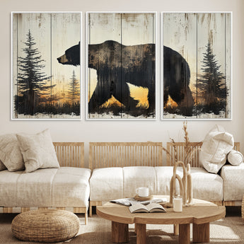 83875-MGV-CV-36X24-Sunset Bear Wall Art – Rustic Wildlife Canvas Print with Forest Silhouette, Cabin Lodge Decor for Living Room or Office