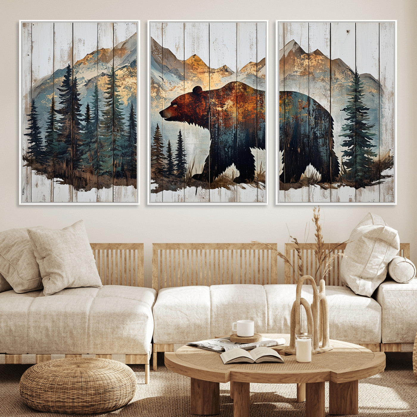 55777-MGV-CV-36X24-Rustic Bear Wall Art Canvas Print, Framed Mountain and Forest Art Picture Print, Wooden Bear Perfect Rustic Lodge Decor Artwork