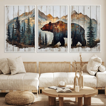 55777-MGV-CV-36X24-Rustic Bear Wall Art Canvas Print, Framed Mountain and Forest Art Picture Print, Wooden Bear Perfect Rustic Lodge Decor Artwork