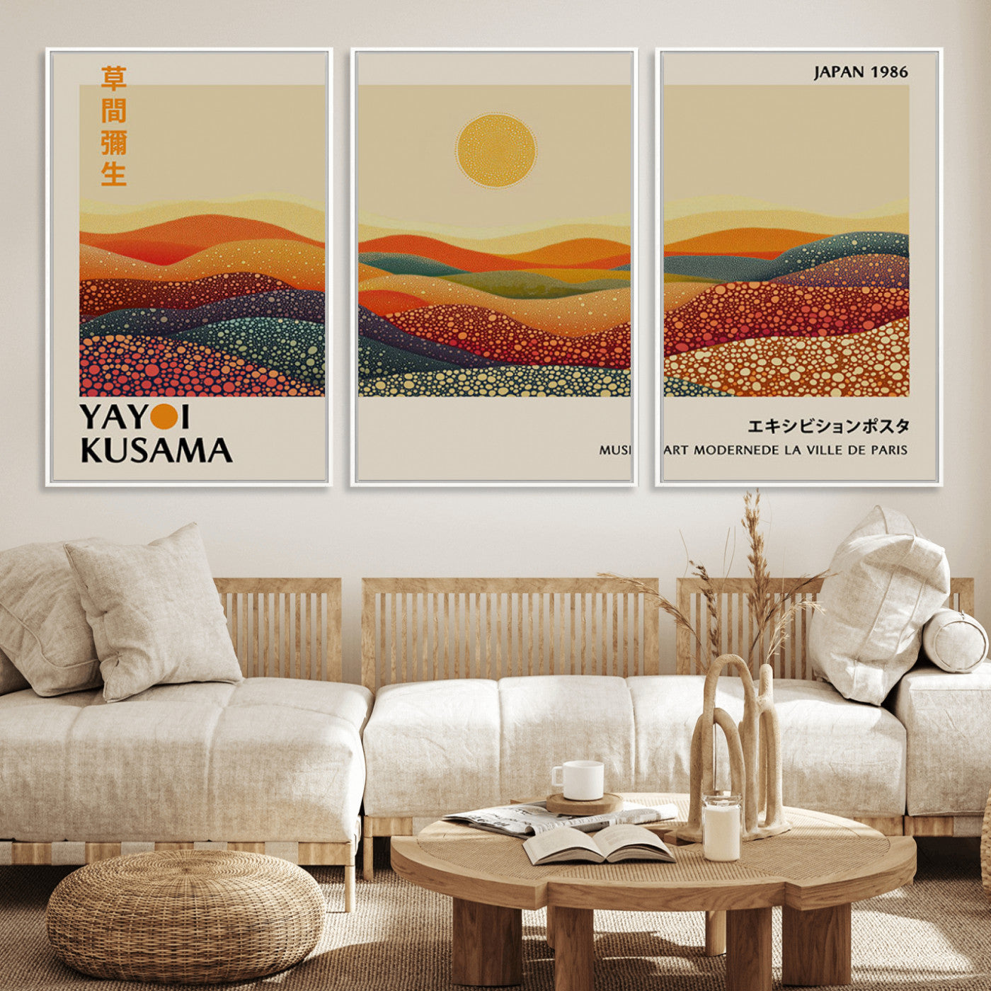 88180-MGV-CV-36X24-Yayoi Kusama Landscape Wall Art – Abstract Dotted Mountain Canvas Print, Retro Sun Poster for Modern Living Room, Office or