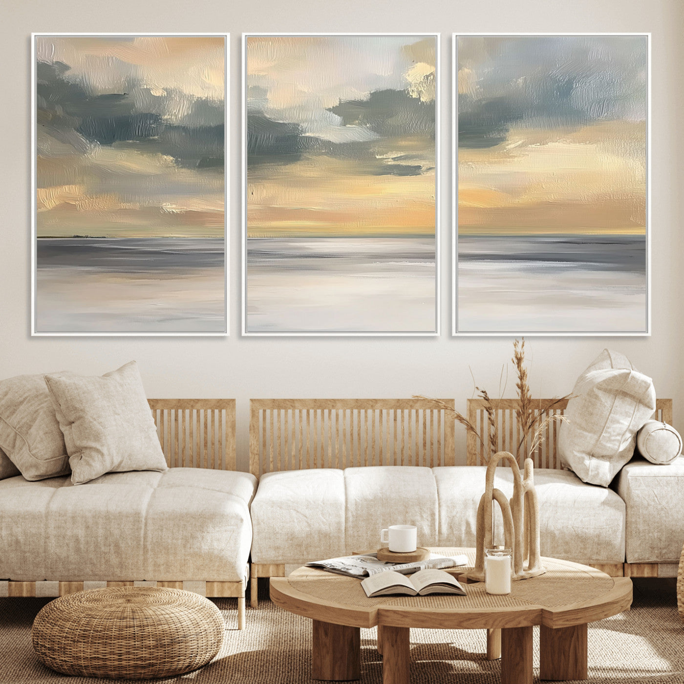 45544-MGV-FC-60X30-3P_White-Ocean Sunset Wall Art – Serene Seascape Canvas Print with Golden Sky and Calm Water, Coastal Beach Artwork for Living Room,