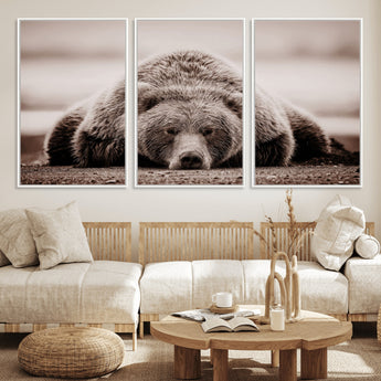 20611-MGV-FC-60X30-3P_White-Grizzly Bear Wall Art – Majestic Wildlife Sepia Canvas Print, Rustic Nature Animal Artwork for Cabin, Lodge, Living Room, Bedroom,