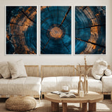 65231-MGV-FC-60X30-3P_White-Blue and Gold Tree Ring Wall Art – Rustic Abstract Wood Slice Canvas Print, Modern Nature Inspired Artwork for Living Room,