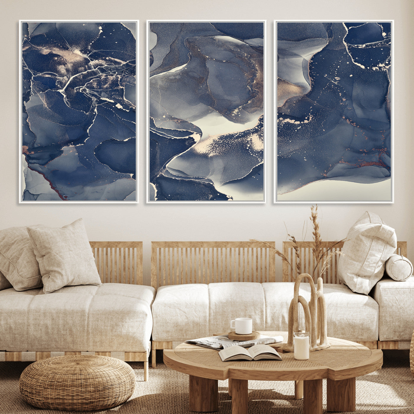 28282-MGV-FC-60X30-3P_White-Blue Abstract Wall Art – Modern Ink Swirl Canvas Print, Contemporary Navy and Gold Painting for Living Room, Bedroom, Office or