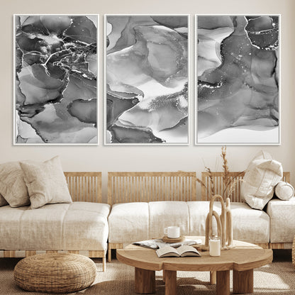 15911-MGV-FC-60X30-3P_White-Black and White Abstract Wall Art – Modern Ink Swirl Canvas Print, Minimalist Contemporary Painting for Living Room, Bedroom,