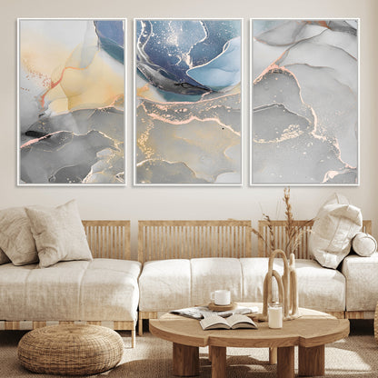 18176-MGV-FC-60X30-3P_White-Abstract Fluid Wall Art – Modern Marble Ink Canvas Print with Blue, Gold, and Gray Tones, Contemporary Minimal Artwork Decor for