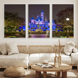 63560-MGV-FC-60X30-3P_White-Fairy Tale Castle Wall Art – Magical Night Scene Canvas Print with Lights and Gardens, Fantasy Architecture Artwork for Living