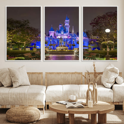 63560-MGV-FC-60X30-3P_White-Fairy Tale Castle Wall Art – Magical Night Scene Canvas Print with Lights and Gardens, Fantasy Architecture Artwork for Living