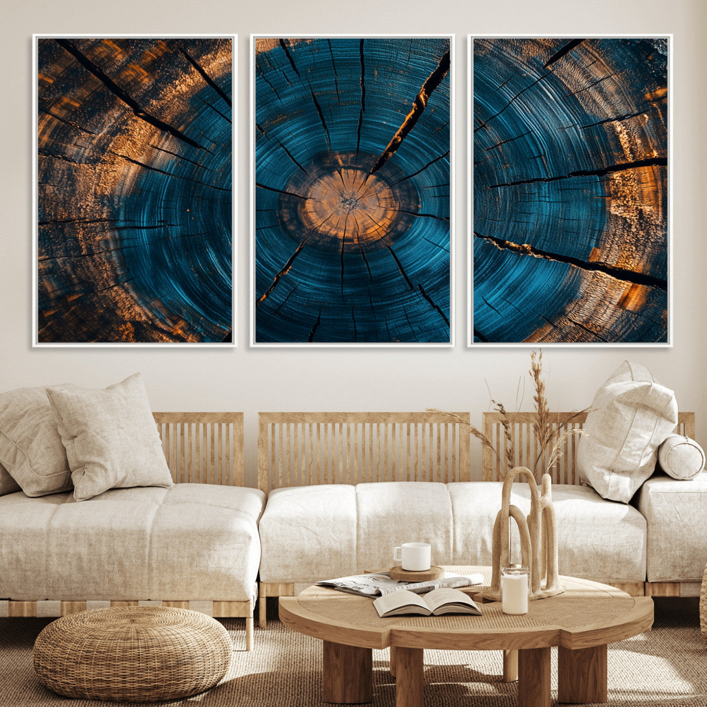 13398-MGV-FC-60X30-3P_White-Tree Ring Wall Art – Abstract Wood Grain Canvas Print with Blue and Orange Accents, Rustic Nature Inspired Artwork for Living