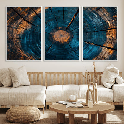 13398-MGV-FC-60X30-3P_White-Tree Ring Wall Art – Abstract Wood Grain Canvas Print with Blue and Orange Accents, Rustic Nature Inspired Artwork for Living
