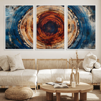 90395-MGV-FC-60X30-3P_White-Tree Ring Wall Art – Abstract Wood Grain Canvas Print with Fiery Red and Blue Tones, Bold Rustic Nature Inspired Artwork Decor for
