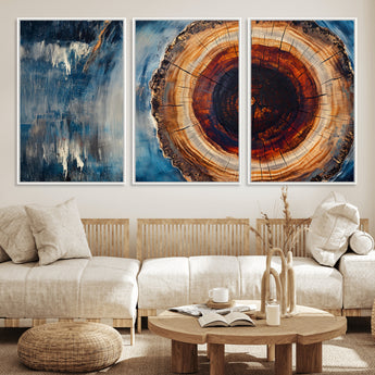 48045-MGV-CV-36X24-Tree Ring Abstract Wall Art – Rustic Wood Grain Canvas Print with Brown Center and Blue Brush Strokes, Nature Inspired Artwork for