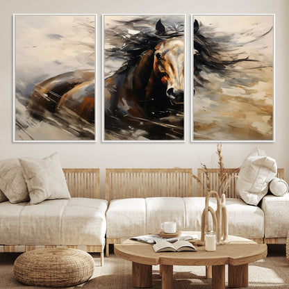 53001-MGV-FC-60X30-3P_White-Wild Horse Wall Art – Majestic Stallion Canvas Print with Flowing Mane, Rustic Western Style Painting for Living Room, Office or