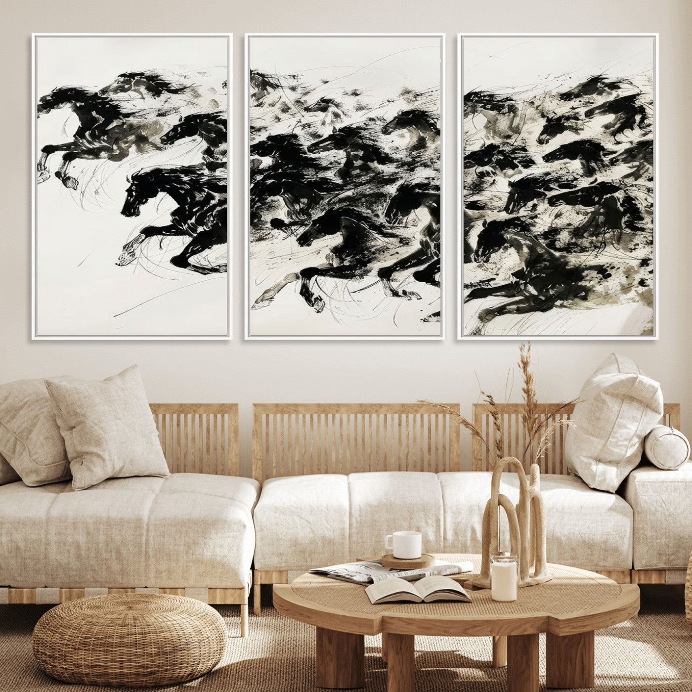 23069-MGV-FC-60X30-3P_White-Galloping Horses Wall Art – Black Ink Painting on Canvas, Dynamic Equestrian Artwork with Running Stallions, Expressive Modern