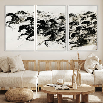 23069-MGV-FC-60X30-3P_White-Galloping Horses Wall Art – Black Ink Painting on Canvas, Dynamic Equestrian Artwork with Running Stallions, Expressive Modern