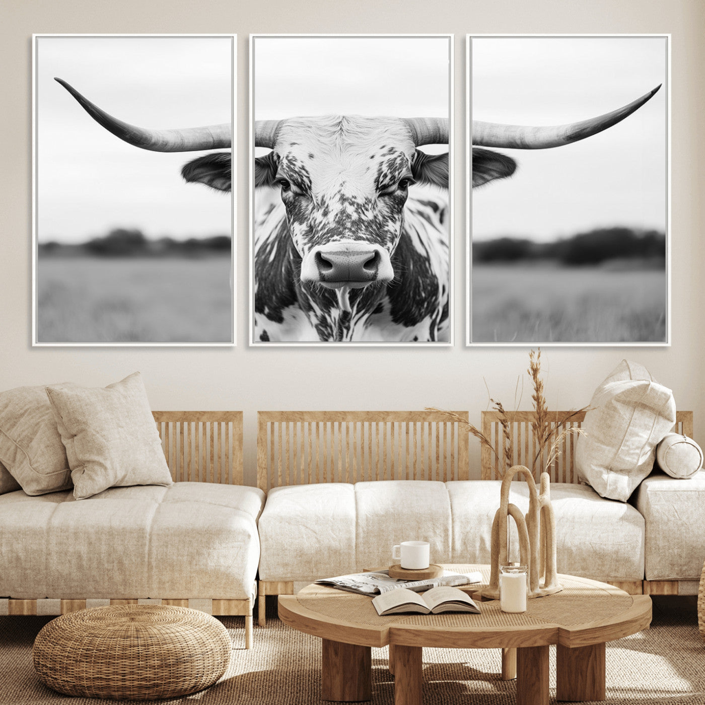 20272-MGV-FC-60X30-3P_White-Texas Longhorn Wall Art – Black and White Cowboy Western Canvas Print, Rustic Farmhouse Cattle Photography Decor for Ranch, Barn