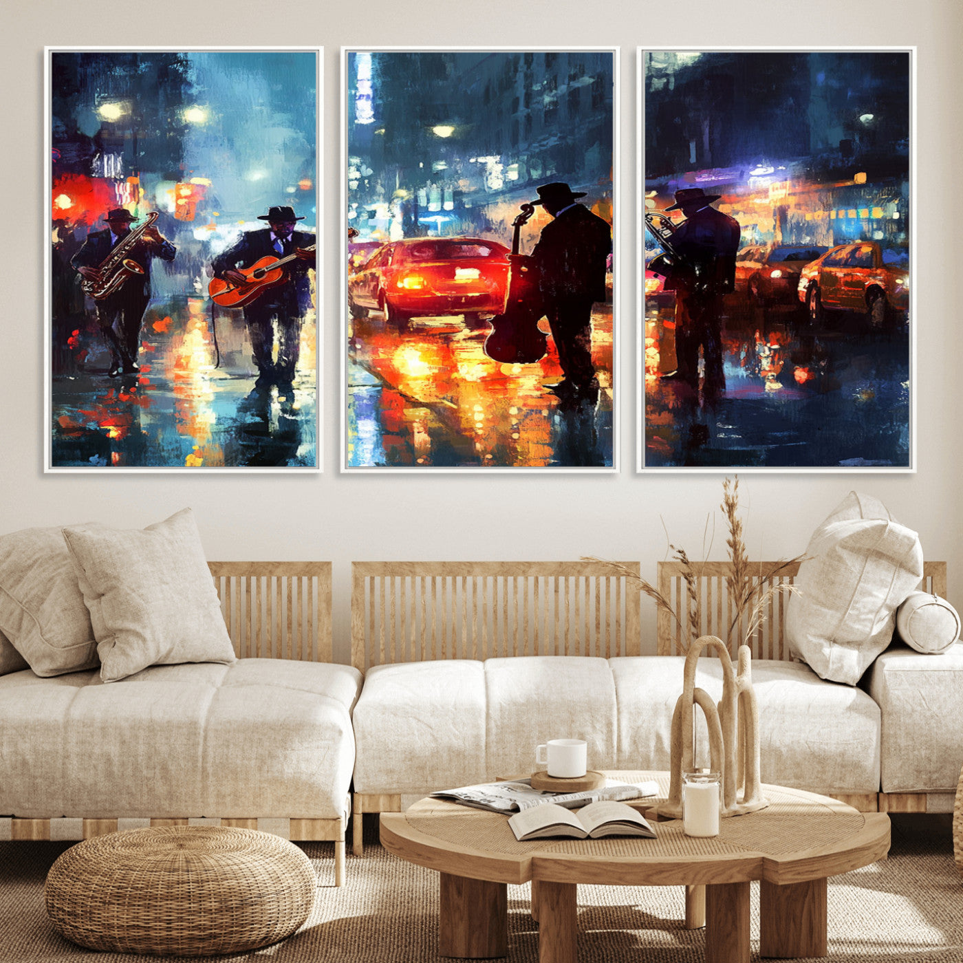 94605-MGV-FC-60X30-3P_White-City Jazz Night Wall Art – Vibrant Music Canvas Print Featuring Saxophone, Guitar and Bass Players, Urban Street Scene Artwork for
