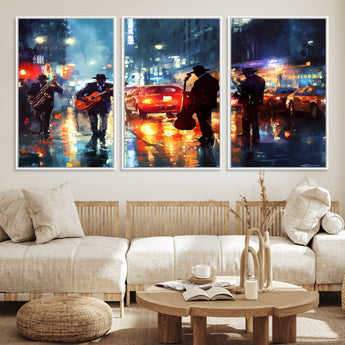 94605-MGV-FC-60X30-3P_White-City Jazz Night Wall Art – Vibrant Music Canvas Print Featuring Saxophone, Guitar and Bass Players, Urban Street Scene Artwork for