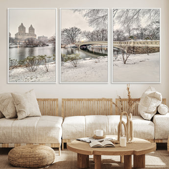 60292-MGV-FC-60X30-3P_White-Central Park Winter Wall Art – Snowy Bow Bridge Canvas Print, Scenic New York City Landscape Photography for Living Room, Bedroom