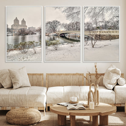 60292-MGV-FC-60X30-3P_White-Central Park Winter Wall Art – Snowy Bow Bridge Canvas Print, Scenic New York City Landscape Photography for Living Room, Bedroom