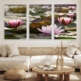 72218-MGV-CV-36X24-Water Lily Pond Wall Art – Pink Lotus Flowers Canvas Print with Green Lily Pads, Peaceful Botanical Artwork for Living Room,
