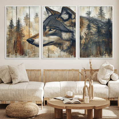 91882-MGV-CV-36X24-Wolf Wall Art – Rustic Canvas Print of Forest Wolf on Wood Background, Wildlife Lodge Artwork for Living Room, Bedroom, Cabin, or