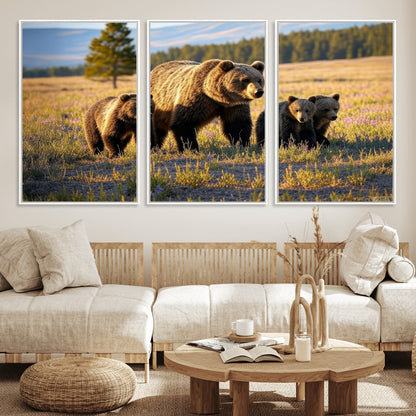 43400-MGV-FC-60X30-3P_White-Bear Family Wall Art – Wildlife Canvas Print of Mother Bear with Cubs in Sunlit Meadow, Rustic Animal Artwork for Living Room,