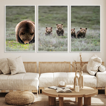 40555-MGV-CV-36X24-Bear Family Wall Art – Wildlife Canvas Print of Mother Bear with Four Cubs in Nature, Rustic Animal Artwork for Living Room,