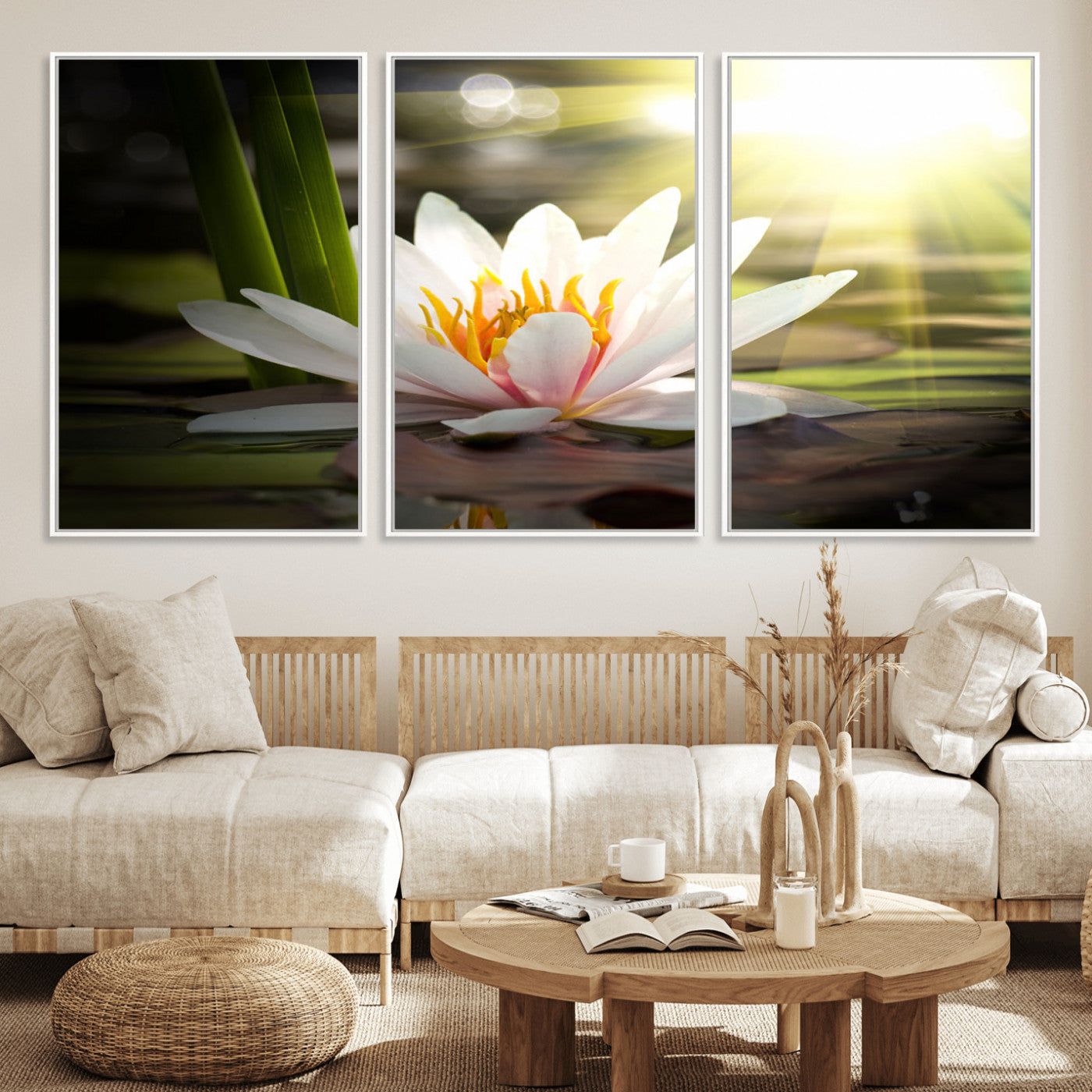60352-MGV-CV-36X24-White Water Lily Wall Art – Lotus Flower Canvas Print with Sunlight Reflection, Peaceful Botanical Artwork for Living Room,