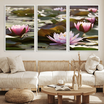 28394-MGV-FC-60X30-3P_White-Water Lily Pond Wall Art – Pink Lotus Flowers Canvas Print with Green Lily Pads, Peaceful Botanical Artwork for Living Room,