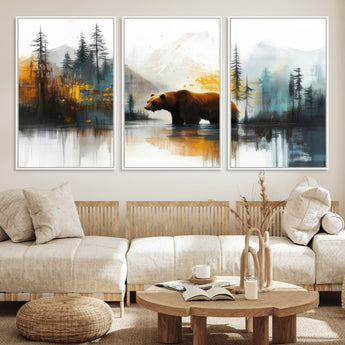50308-MGV-CV-36X24-Abstract Rustic Bear Wall Art – Forest and Mountain Scene Canvas Print, Nature Artwork for Modern Farmhouse or Log Cabin Decor