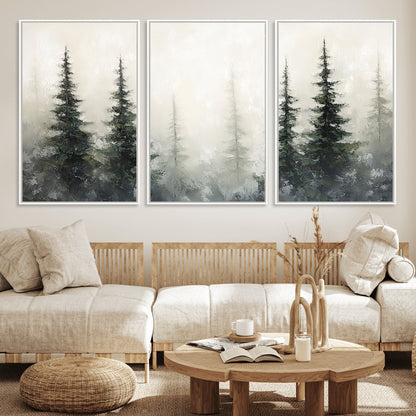 33241-MGV-FC-60X30-3P_White-Misty Forest Wall Art Canvas Print, Framed Foggy Pines Art Picture Print, Forest Haze Perfect Rustic Minimalist Decor Artwork