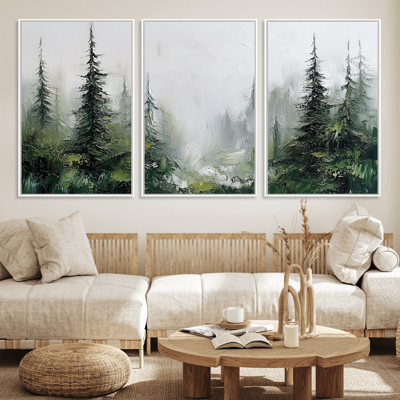 76014-MGV-FC-60X30-3P_White-Forest Wall Art – Textured Canvas Print Featuring Misty Evergreen Pines and Woodland Landscape, Rustic Nature Artwork for Living
