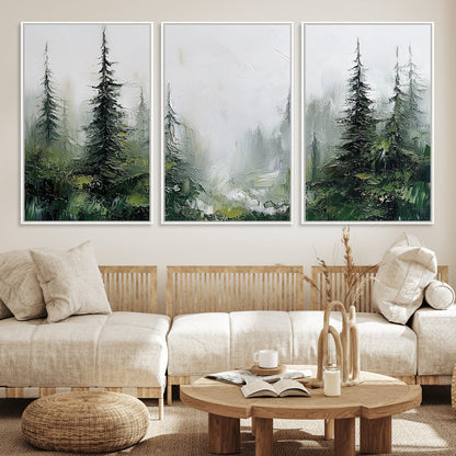 76014-MGV-FC-60X30-3P_White-Forest Wall Art – Textured Canvas Print Featuring Misty Evergreen Pines and Woodland Landscape, Rustic Nature Artwork for Living