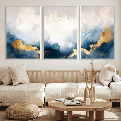 14578-MGV-FC-60X30-3P_White-Abstract Wall Art – Modern Canvas Print Featuring Blue and White Clouds with Golden Accents, Contemporary Elegant Artwork for