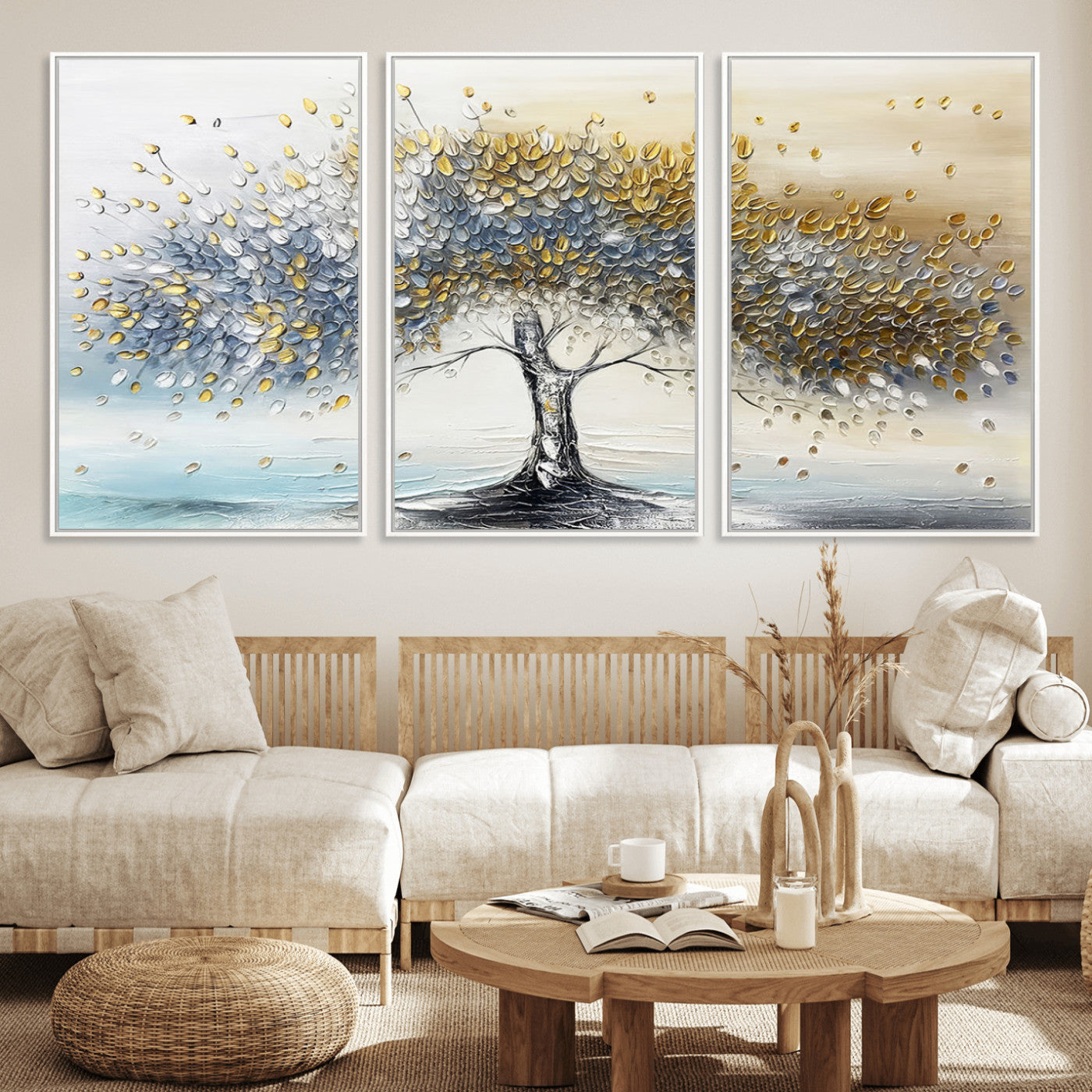 24771-MGV-FC-60X30-3P_White-Silver Tree Wall Art Canvas Print, Framed Golden Leaves Art Picture Print, Metallic Tree Perfect Minimalist Luxury Decor Artwork