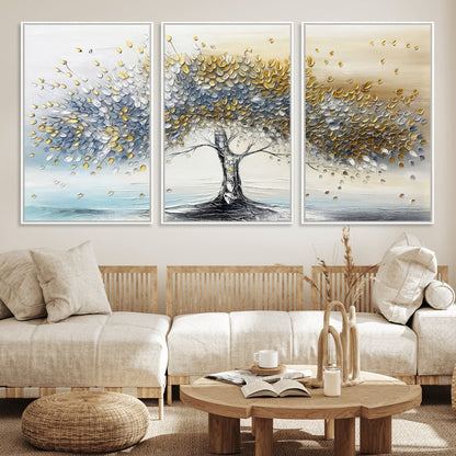 24771-MGV-FC-60X30-3P_White-Silver Tree Wall Art Canvas Print, Framed Golden Leaves Art Picture Print, Metallic Tree Perfect Minimalist Luxury Decor Artwork
