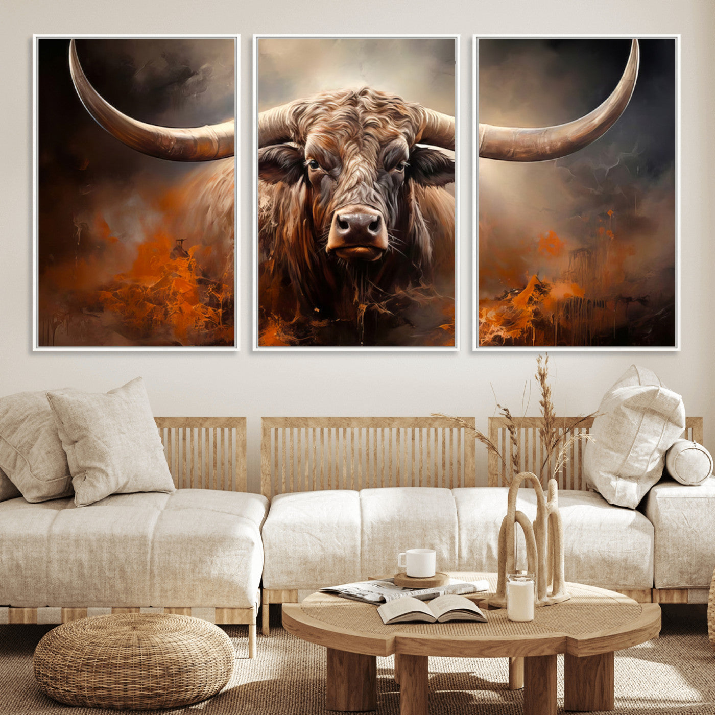 240479-MGV-FC-60X30-3P_White-Longhorn Bull Wall Art – Dramatic Western Canvas Print Featuring Horned Bull with Fiery Background, Rustic Farmhouse Artwork for