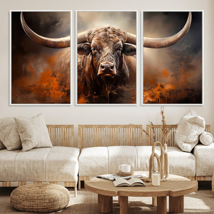 240479-MGV-FC-60X30-3P_White-Longhorn Bull Wall Art – Dramatic Western Canvas Print Featuring Horned Bull with Fiery Background, Rustic Farmhouse Artwork for